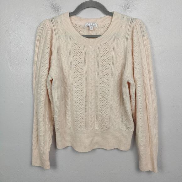 J Crew Pointelle Cable-knit Crewneck Sweater Womens Medium Cream Wool Cottage - Picture 1 of 8